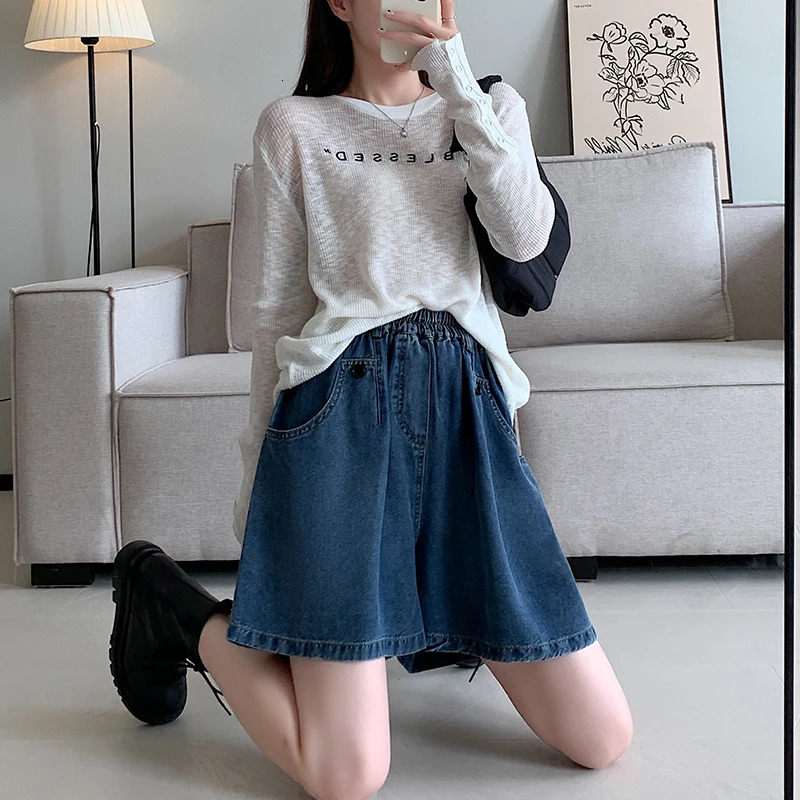 2024 Summer Plus Size Denim Shorts For Women High Elastic Wasit Wide Leg Loose Blue Jean Short Streetwear Half Jeans 250304