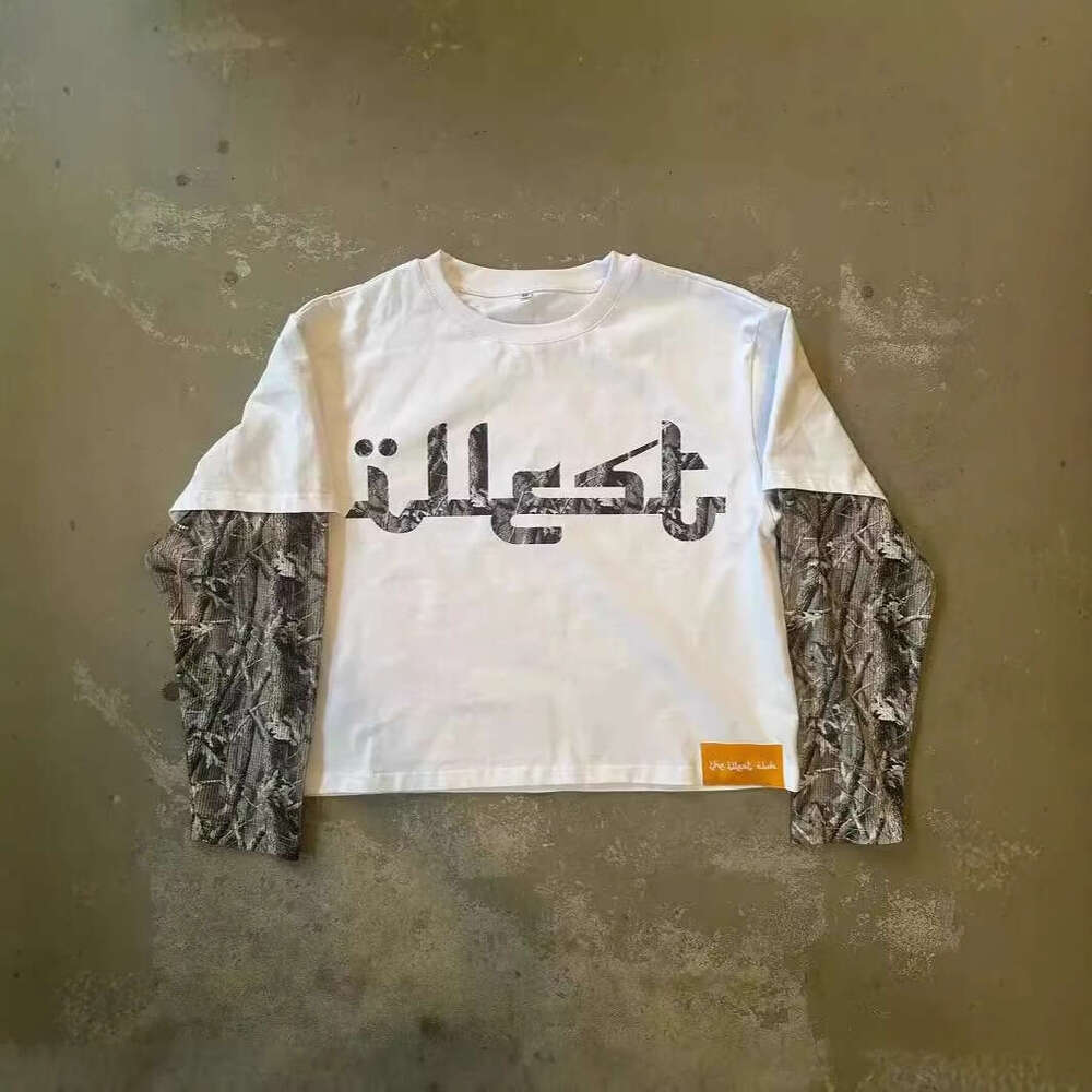 American Y2k street fashion camouflage print patchwork shirt T-shirt men's long sleeved loose sweatshirt