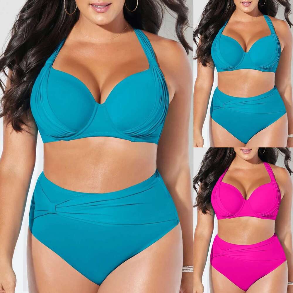 Color Solid Oversized Swimwear Split Two Piece Sexy Gather High Waisted Bikini Sets Holiday Women's Swimsuit Km-Ly