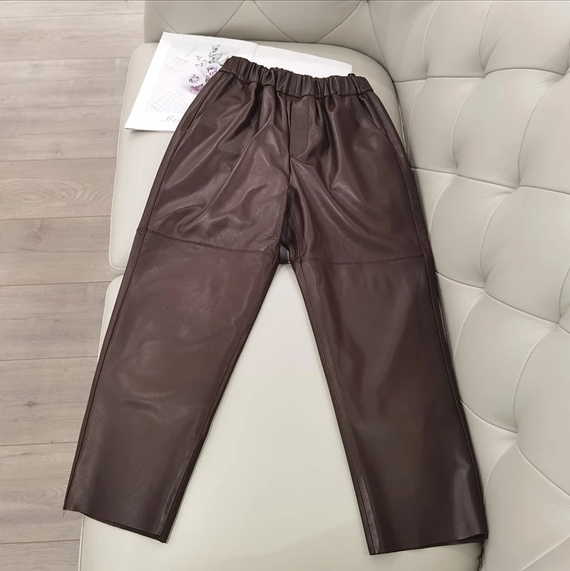 Genuine Leather Harem Pants Real Sheepskin Trousers High Waist Women 2024 Elastic Streetwear 250304