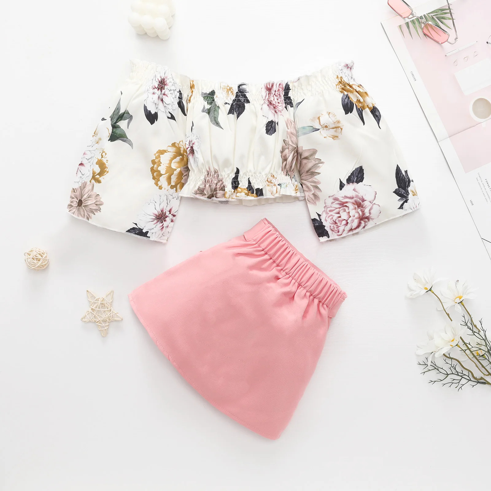 1-6Y Summer Toddler Baby Kid Girl Clothes Set Floral Off Shoulder Crop Top Skirts Outfits Children Girls Costumes 250304