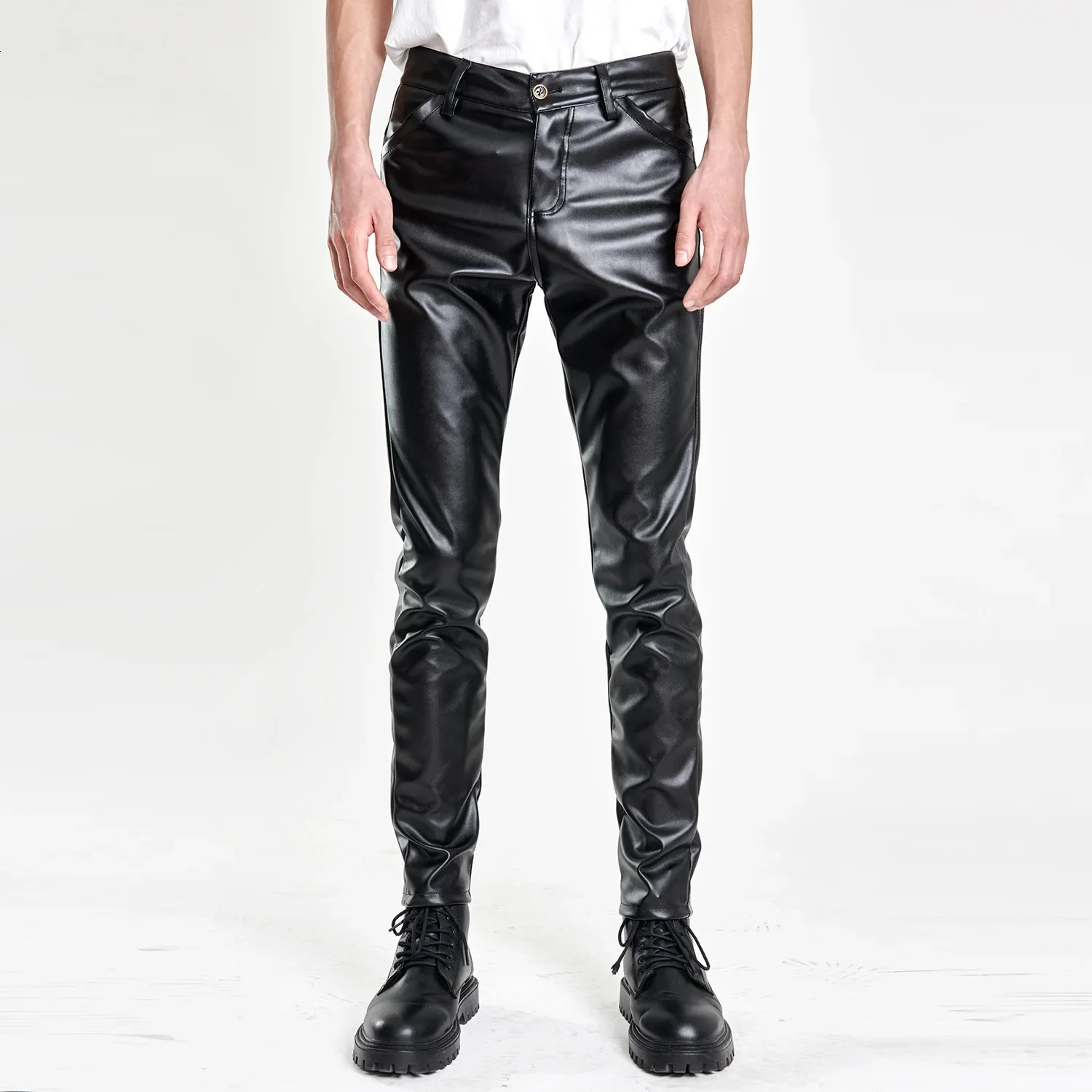 Mens Spring and Summer Fashion Solid Color Thin Leather PantsMultiple Colors Elastic Slim Small Feet Pants 250304
