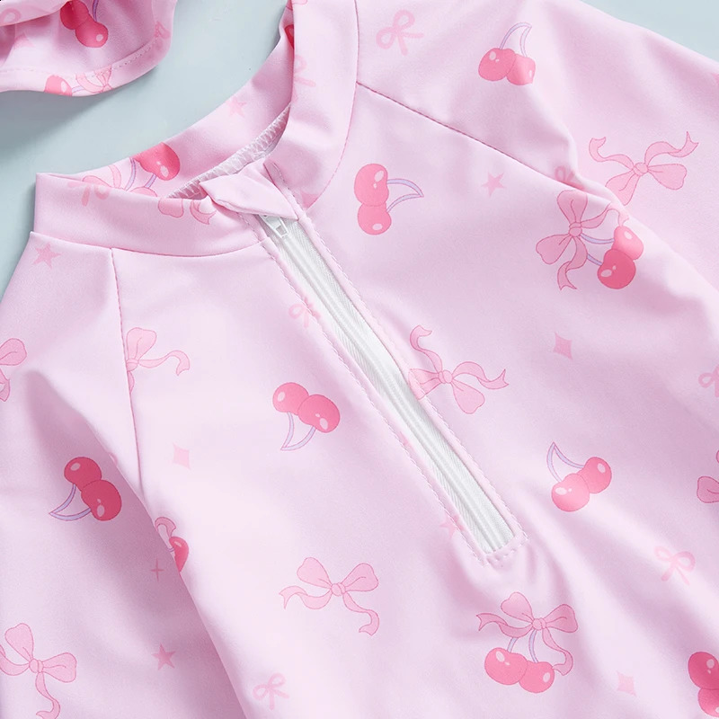 Toddler Baby Girls Rash Guard Swimsuits with Hat 2 Pcs Set Bow Pattern Zip Up Long Sleeve Crew Neck Baby Girls Swimwears 250304