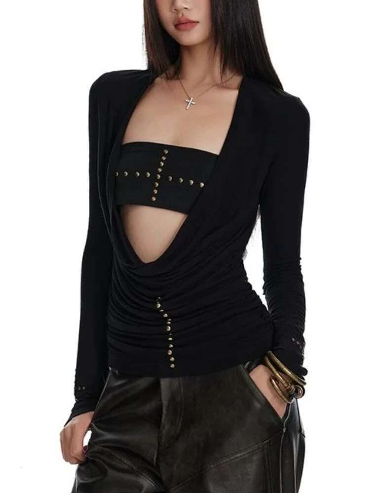 Two Pieces Set Punk Cross Rivets Sexy Women Strapless + Slim Haruku Vintage Solid Knitted T-Shirt Y2k Aesthetic Fashion Outfit
