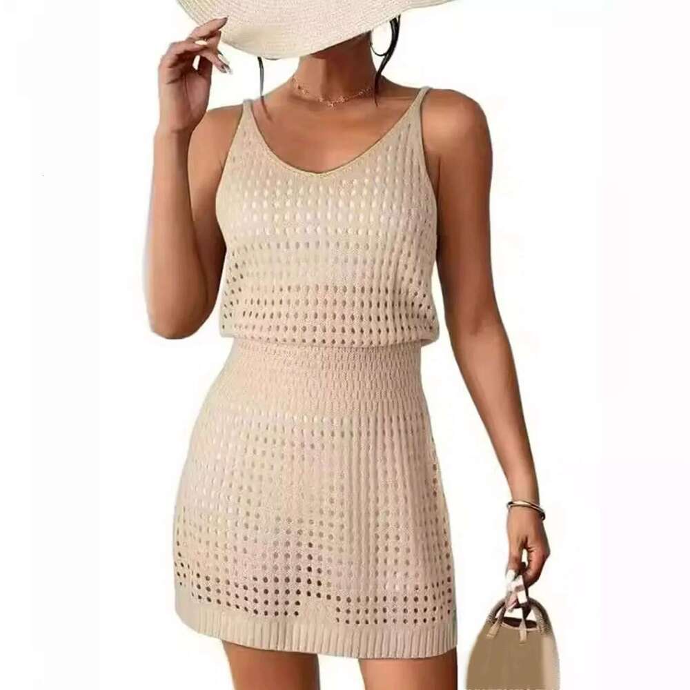 Women 2024 Beach Mini Cover-Up Crochet Dress Swimwear Casual Summer Shoulder Straps Sleeveless Short Cover Up Bikini Swimsuit Km-Ly