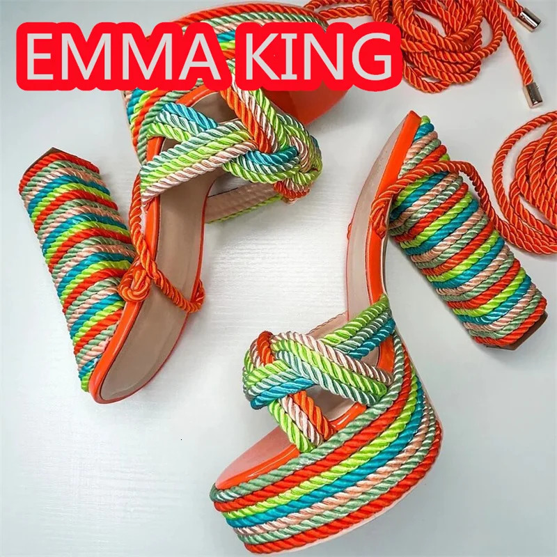 Mixed Color Ropes Platform Sandals Sumer Special Material Lace Up Chunky Colorful Fashion Runway Women Sandals shoes Party 250228