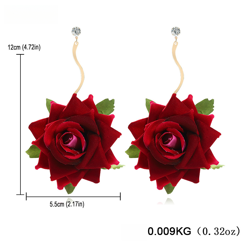 Exaggerated Three-Dimensional Rose Fabric Flower Earrings for Spring & Summer
