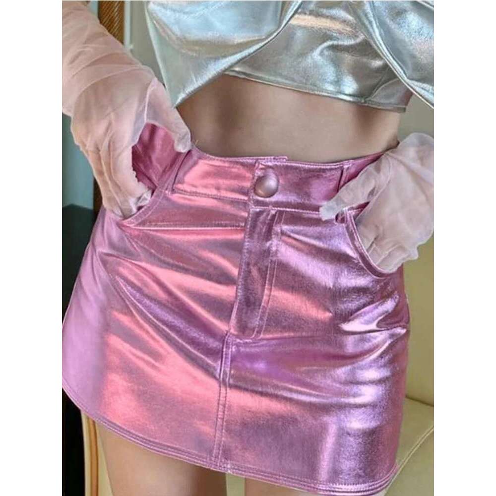 3 Summer Autumn Pink Sier Reflective Shiny Patent Leather Mini Skirts for Women High Waist A e Short Sexy Y2K Clothes