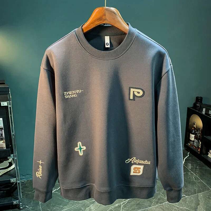High-End Embroidered Men's Round Neck Sweater 2024 Autumn New Trendy Loose Elastic Long-Sleeved Casual Clothes