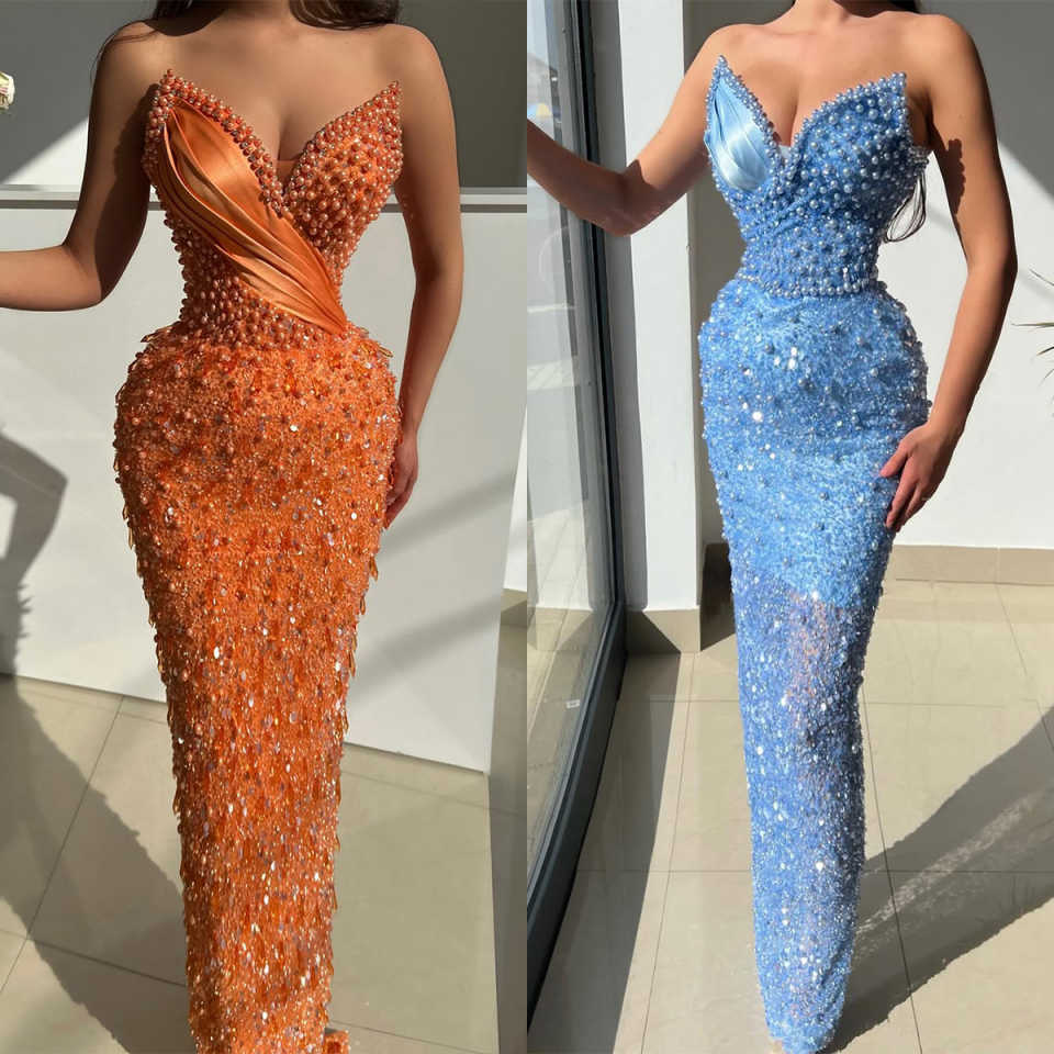 Bling Mermaid Evening Dress Beading Pearls Sequins Strapless Prom Gown Sheath Sweep Train Party Dresses Customized