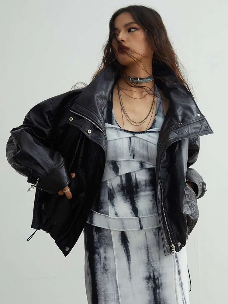 Black Big Size PU Leather Jacket New Removable Fur Collar Long Sleeve Women Coat Fashion Tide Spring Autumn