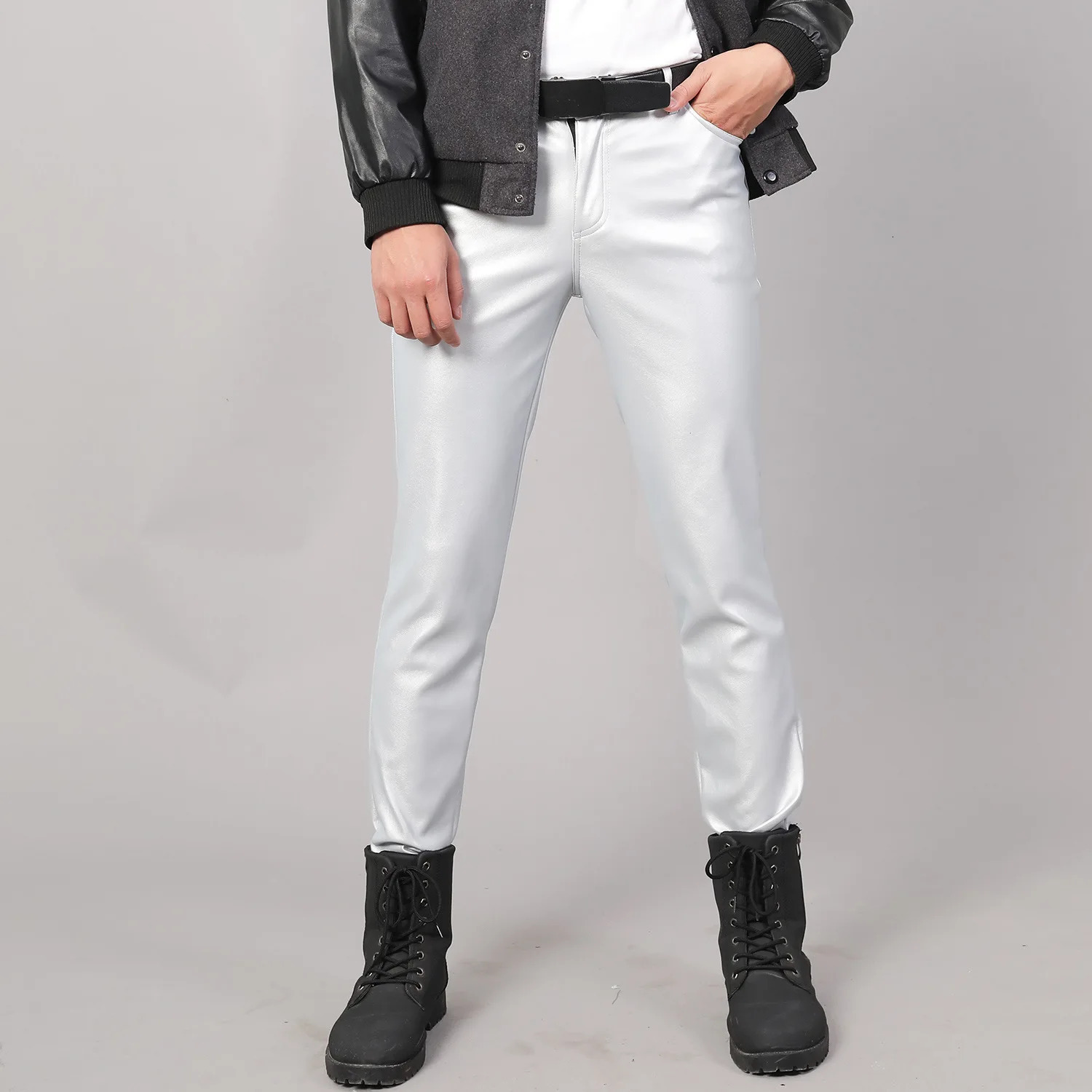 Mens elastic slim fit fashionable moistureproof white dance performance bar hair salon womens pants 250304