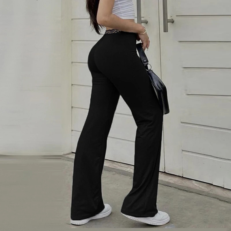 HEYounGIRL Lace Patchwork Bow Detail Low Waisted Flare Pants Fashion Y2K Slim Fit Boot Cut Trousers Black Aesthetic Streetwear 250304