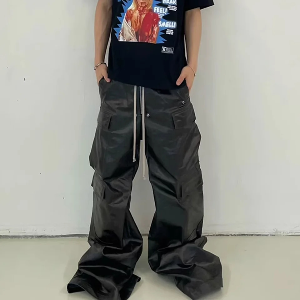 RO Style Matte PU Leather Pants for Men High Street Y2k Hombre Baggy Overall Wide Leg Drawstring Cargo 250304