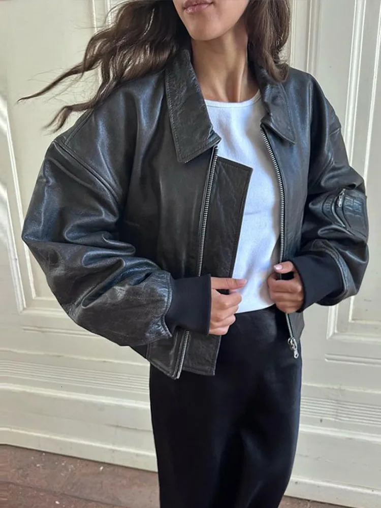 Womens Zipper Leather Bomber Jacket Loose Collar Retro Pocket Short Sleeve Long Street Motorcycle Top 250226