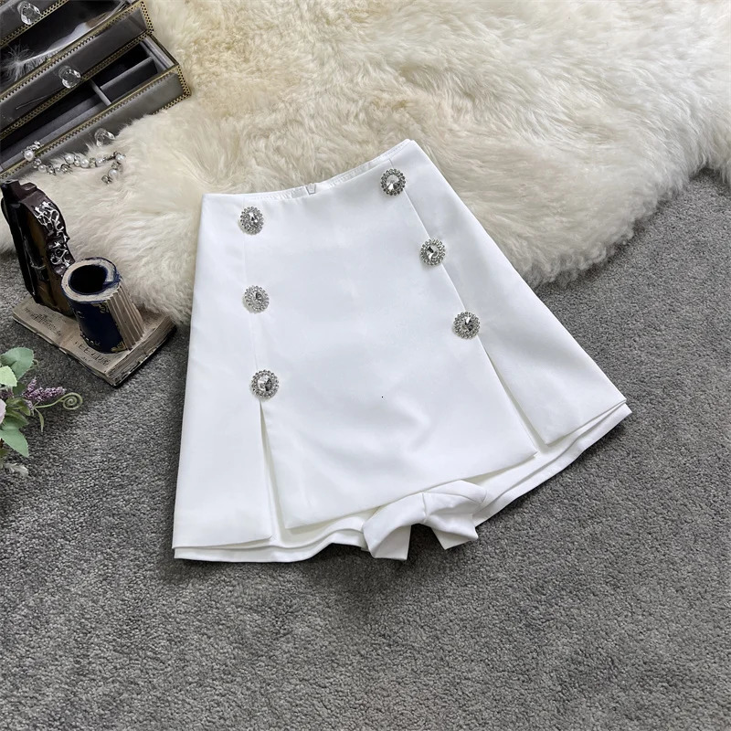 Heavy Diamond DoubleBreasted Suit Shorts Skirt Women Summer Korean Casual High Waist Slimming ALine Wide Leg 250304
