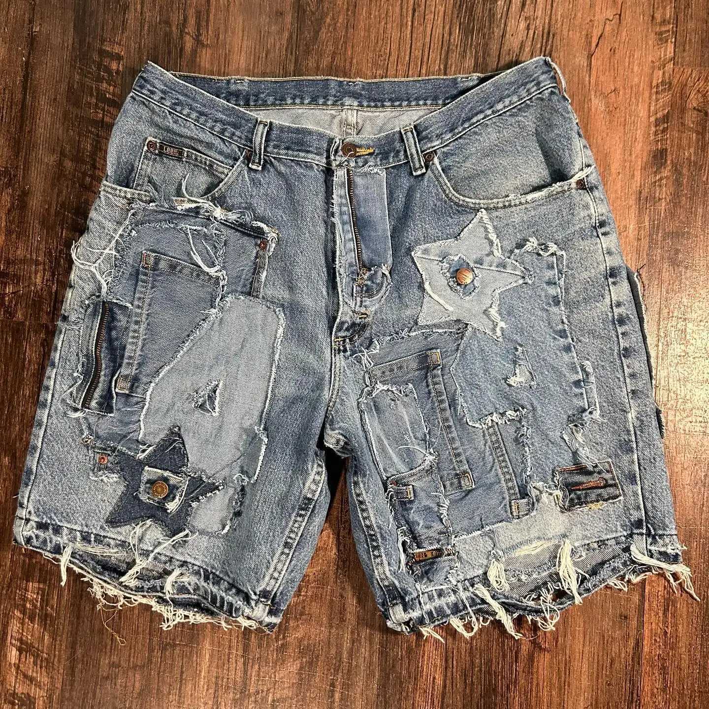 Vintage Patchwork Ripped Denim Shorts Y2K Jeans Mens Womens Hip Hop Vintage Ripped Retro Blue Baggy Denim Fitness Casual ShortsT250305