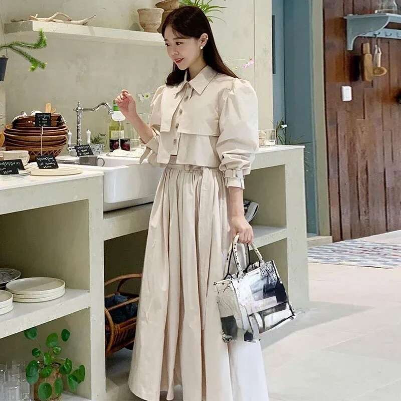 Korean Fashion Matching Sets Puff Sleeve Button Short Blouses High Waist Pleated Long Skirts Solid Color Design Women's Clothing