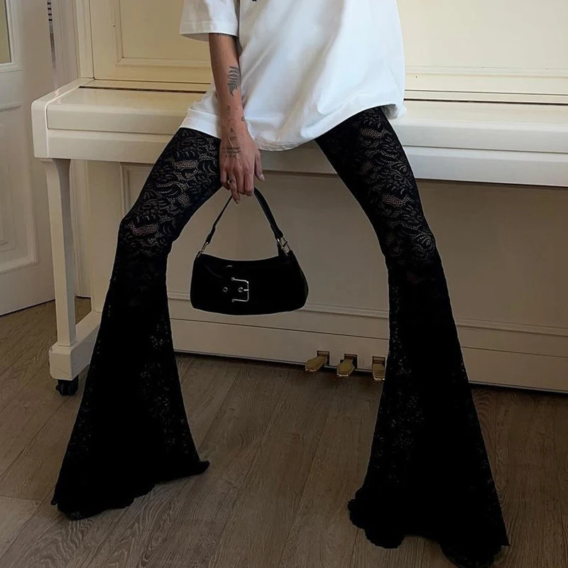 Darlingaga Fashion Black Skinny Lace Trousers Full Length Solid Transparent Sexy Party Thin Flared Pants Vintage Elegant Bottoms 250304