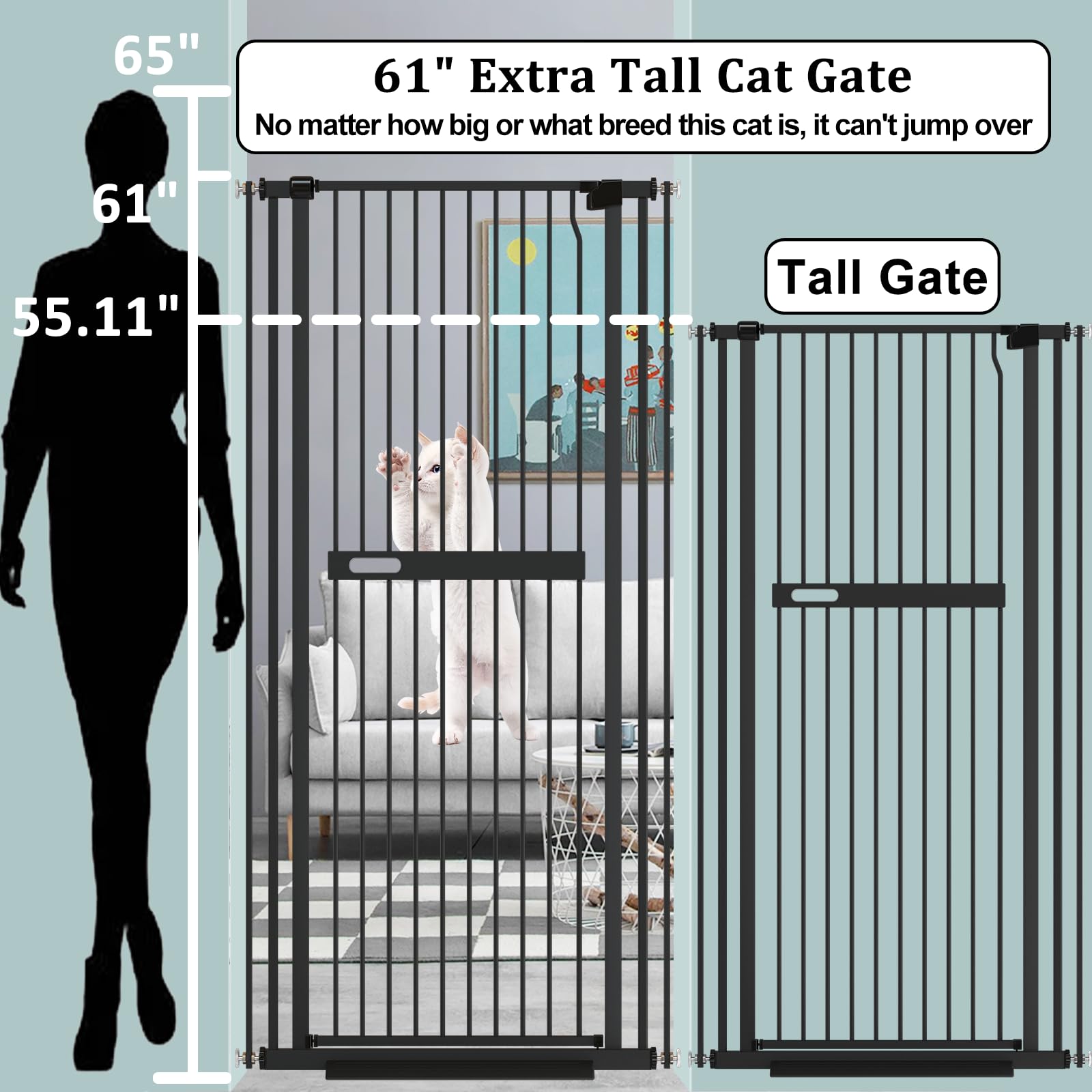 Extra Tall Cat Gate Wide Pressure Mounted Tall Gate Metal Black Dog Pet Cat Tall Gates for Doorways