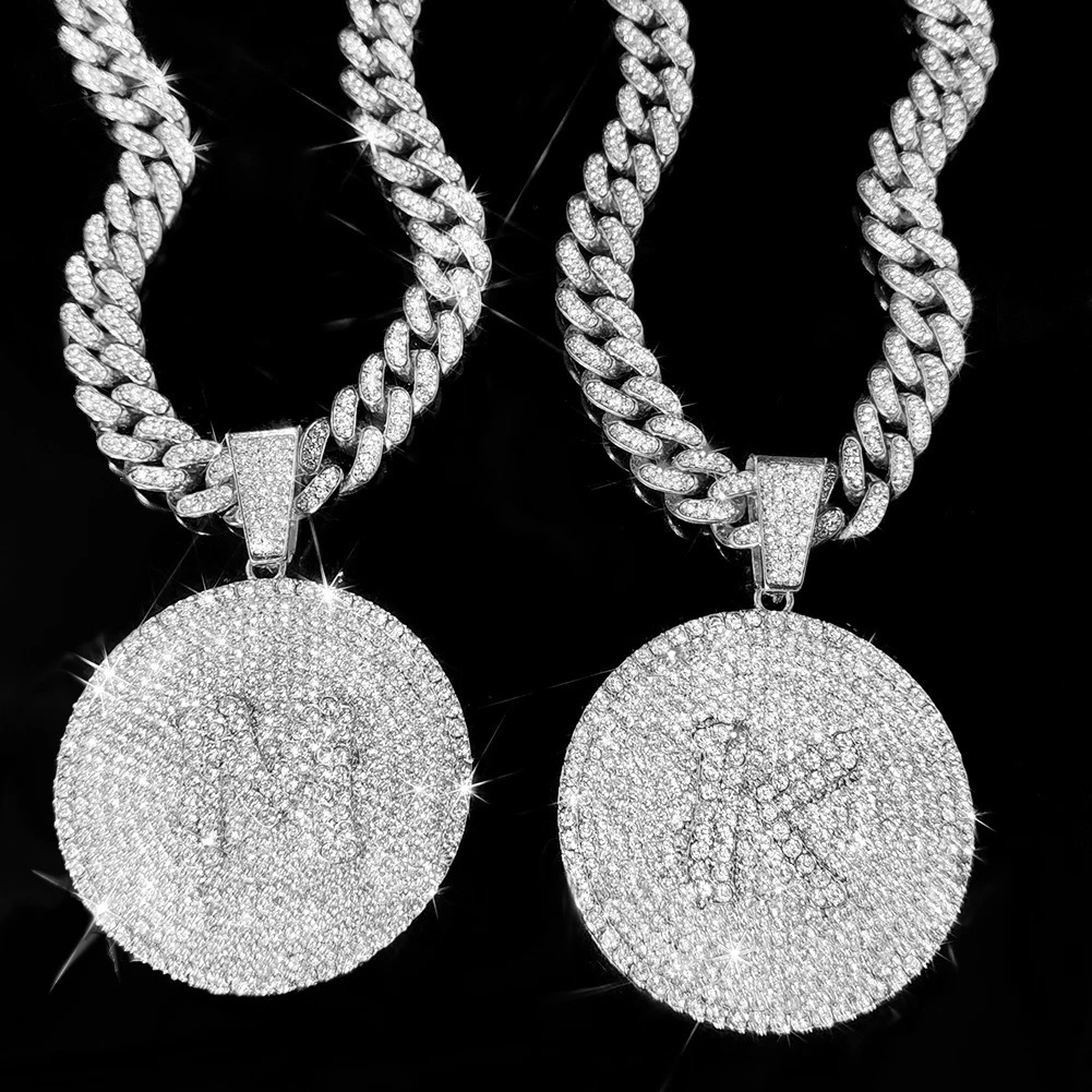 Bling A-Z Letters Pendant Necklace for Men Women Crystal Miami Cuban Link Chain Round Initials Necklace Fashion Jewelry 250305