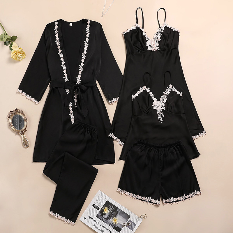 Ice Silk Women's Sexy Sleepwear Set with Lace Trim for Home Wear - Includes Shirt and Nightgown