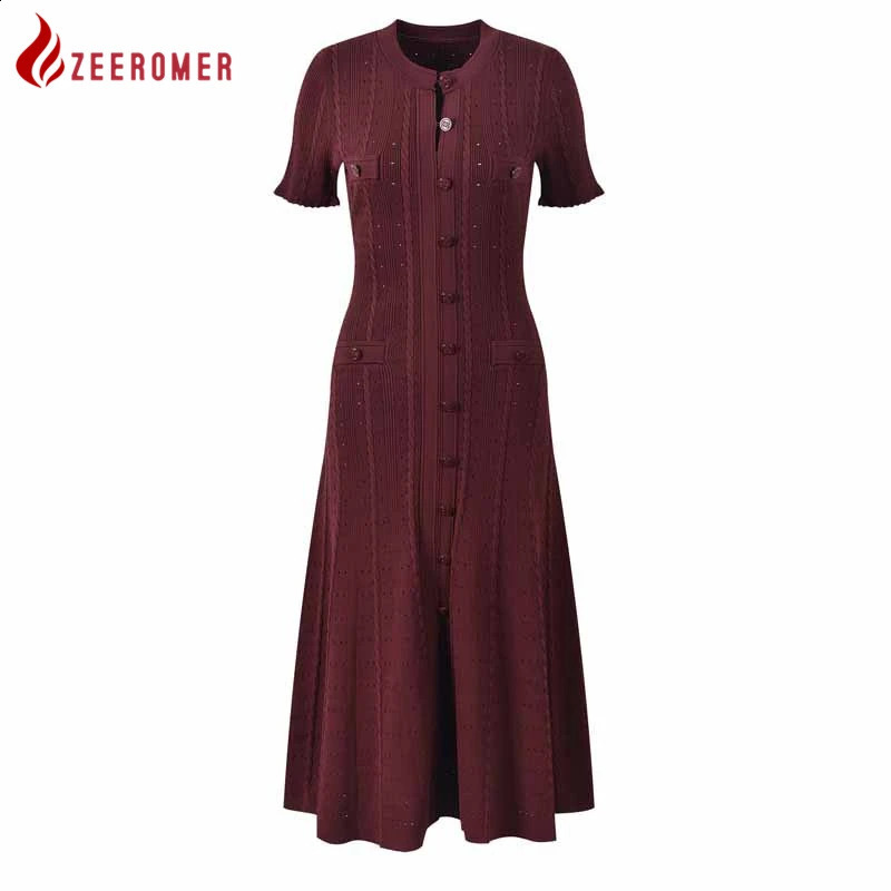 French Fashion Runway Knitt Single Breasted Mermaid Midi Dress Elegant Lady Ruffled Sleeve Hollow Out Slim Sweater 250305