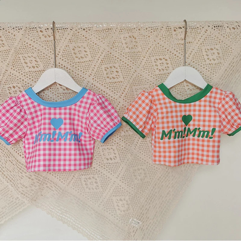Childrens Swimwear for Girls Plaids Checkered Bathing Suit for Girl Short Sleeve Toddler Baby Tankini Bikini Set Beach Clothes 250304