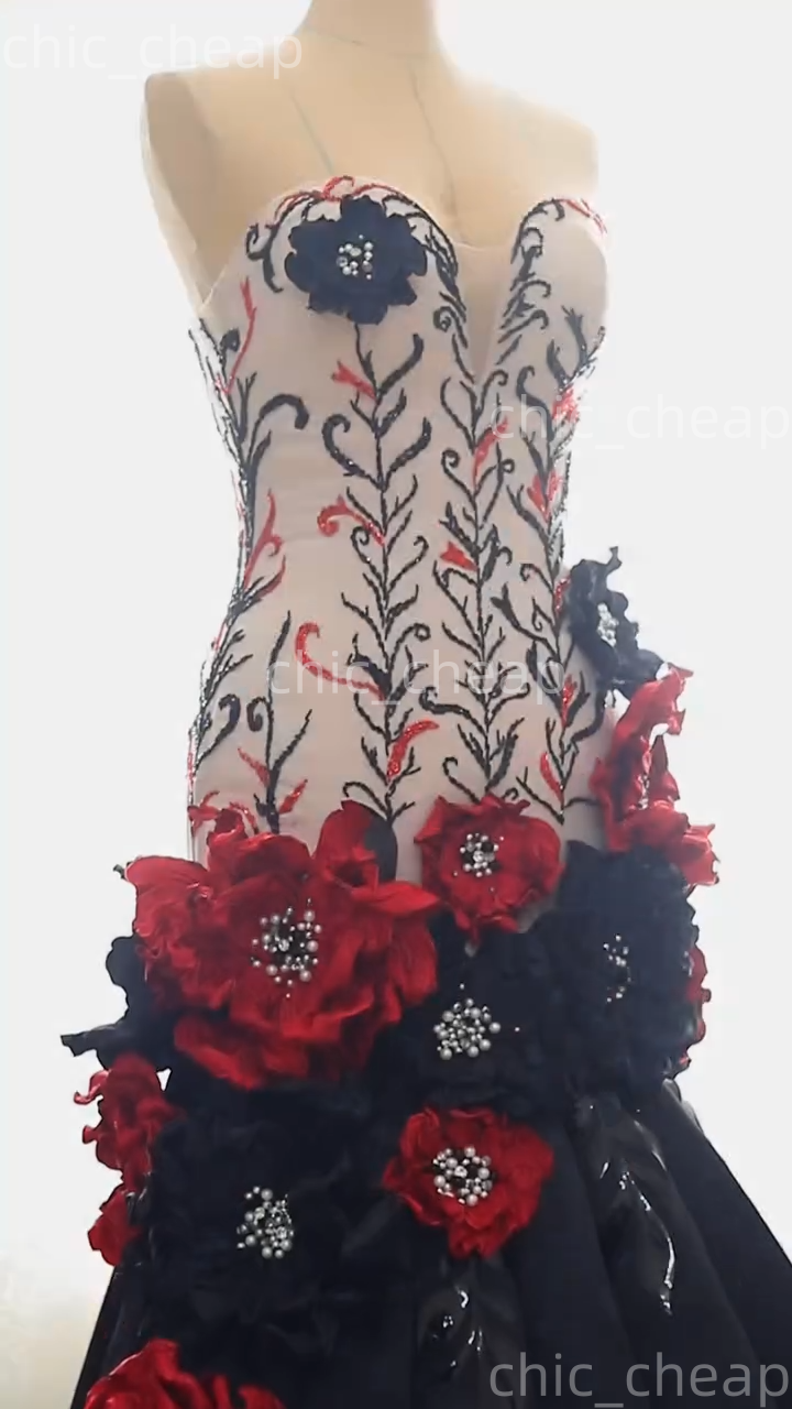 2025 Black Red Mermaid Prom Dresses Beaded Pearls Flowers Satin Evening Formal Party Second Birthday Engagement Gowns Plus Size Dress For Special Occa