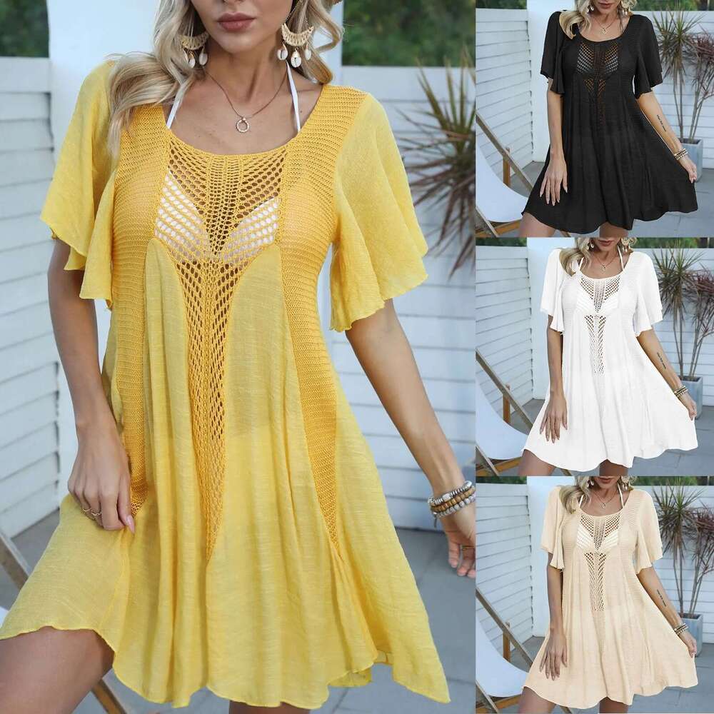 New 2024 Fringe Tassel Embroidery Half Sleeve Tunic Cover Up Cover-Ups Long Dress Beach Wear Beachwear Female Women Km-Ly -Ups