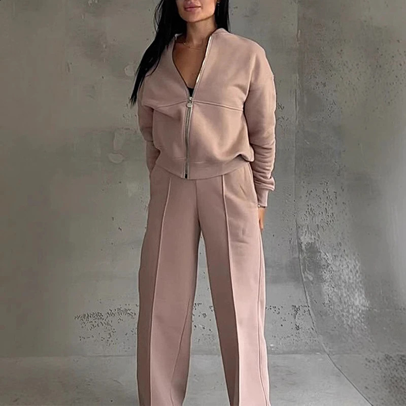 Spring Woman Loose Tracksuit Zipper Sweatshirt CoatHigh Waist Straight Pants Sports Outfits Female Autumn Casual Twopiece Set 250305