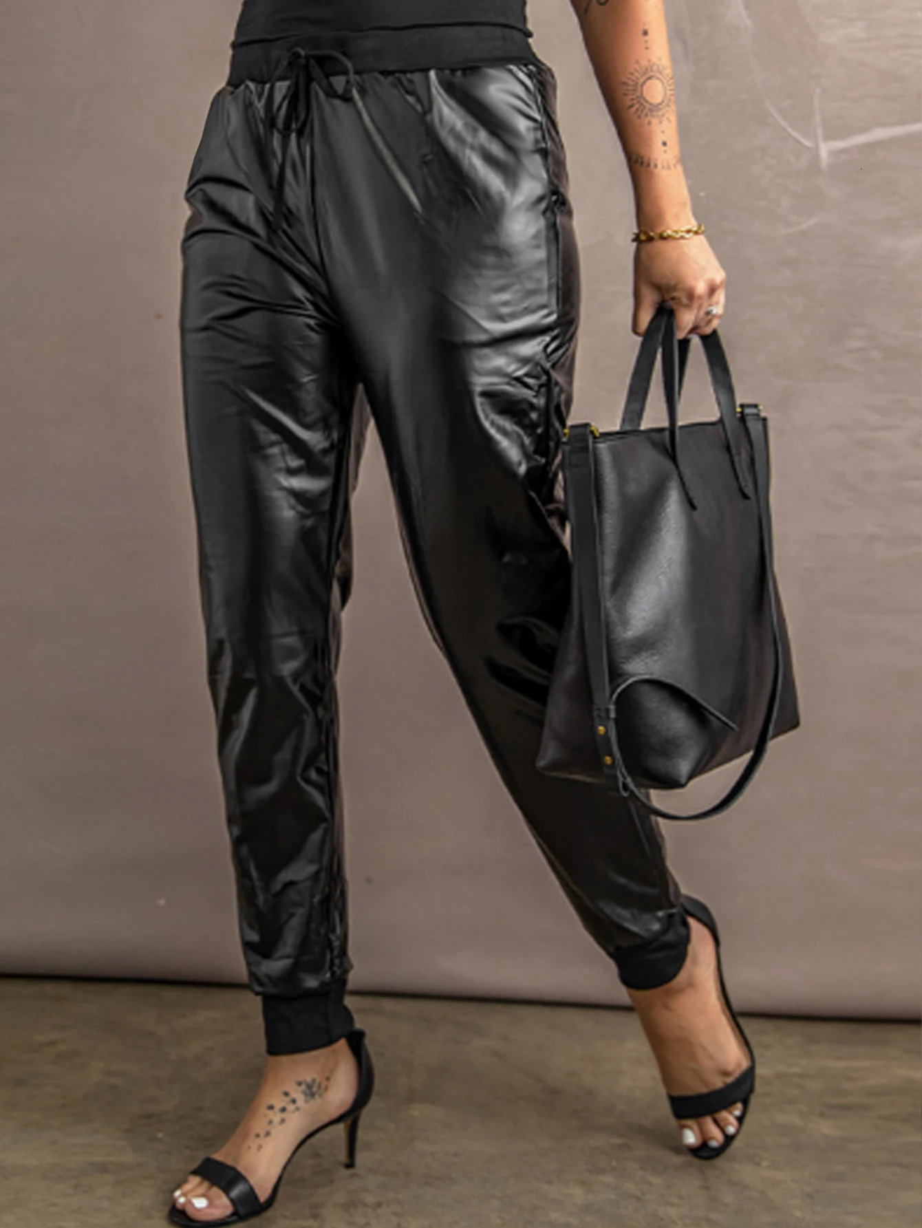 Womens Leather Drawstring Pocket n Mid Waist Loose Elastic Black Solid Color Long Pants 250304
