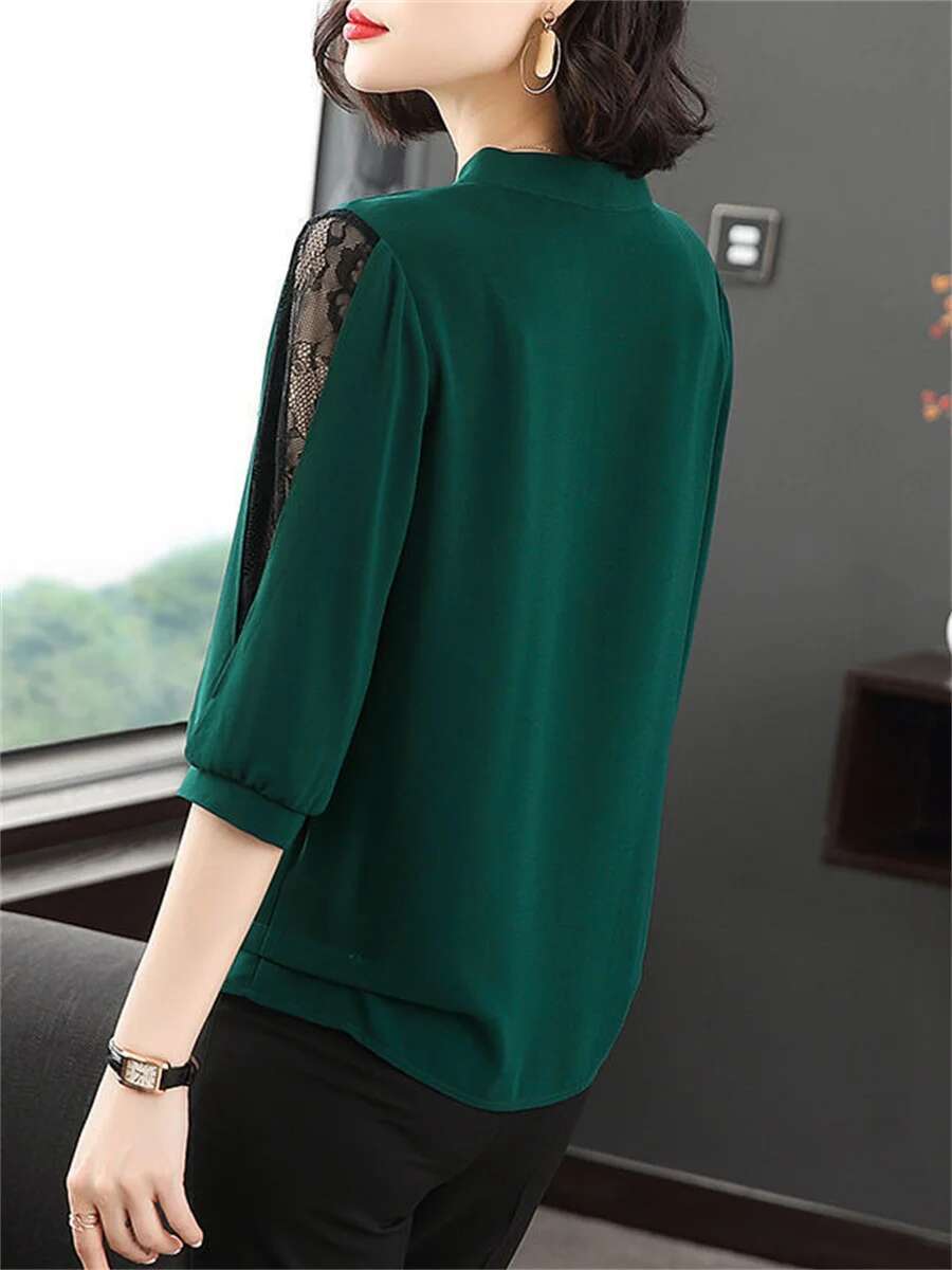 Women Spring Summer Style Blouses Lady Casual Bow Tie Colloar Half Lace Sleeve Loose Blusas Tops Df4275
