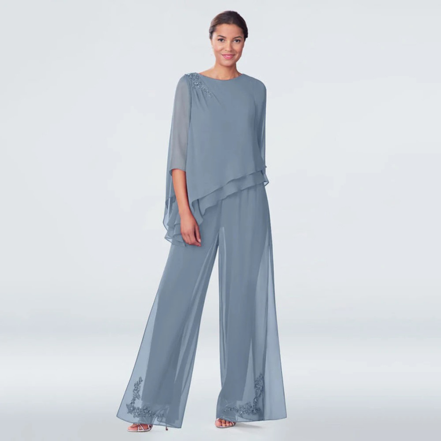 Chiffon Mother Of The Bride Dresses Plus Size 2 Pieces Applique Women Groom Formal Pantsuits Wedding Guest Dresses Customized