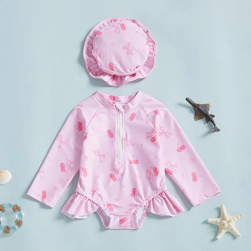 Toddler Baby Girls Rash Guard Swimsuits with Hat 2 Pcs Set Bow Pattern Zip Up Long Sleeve Crew Neck Baby Girls Swimwears 250304