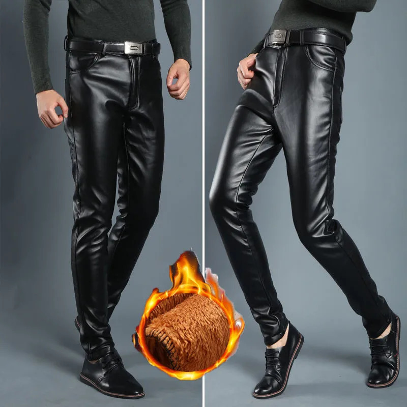 Leather pants mens long legs black solid synthetic leather jeans casual tight Korean fashion slim fit motorcycle 250304