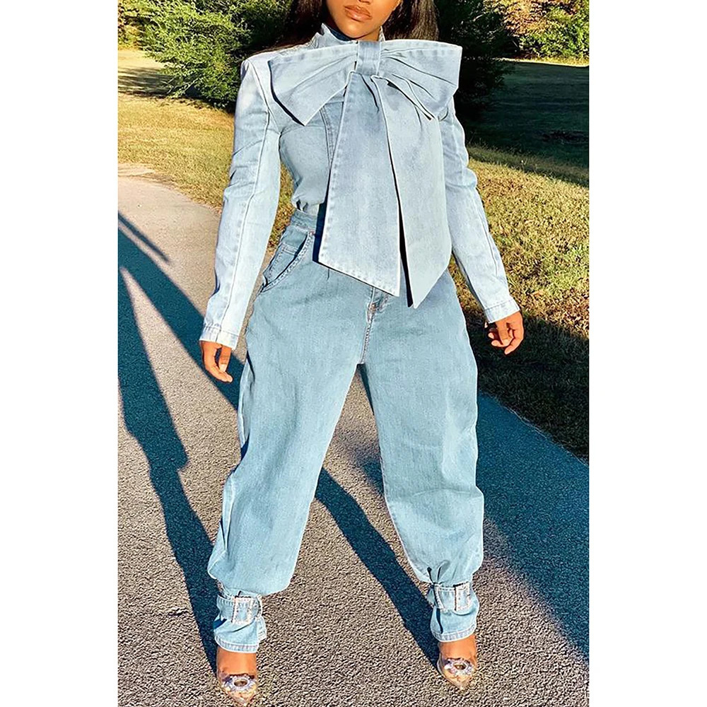 Plus Size Spring Casual Denim Shirt Women Versatile Basic Loose Blouse Stand Collar Lantern Sleeve Female Bow Decor Laceup Tops 250226Z