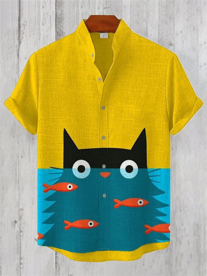 Linen mens fashionable casual shirt short sleeved top 3D printed pattern clothing 2024 Hawaii social highend 250227Z