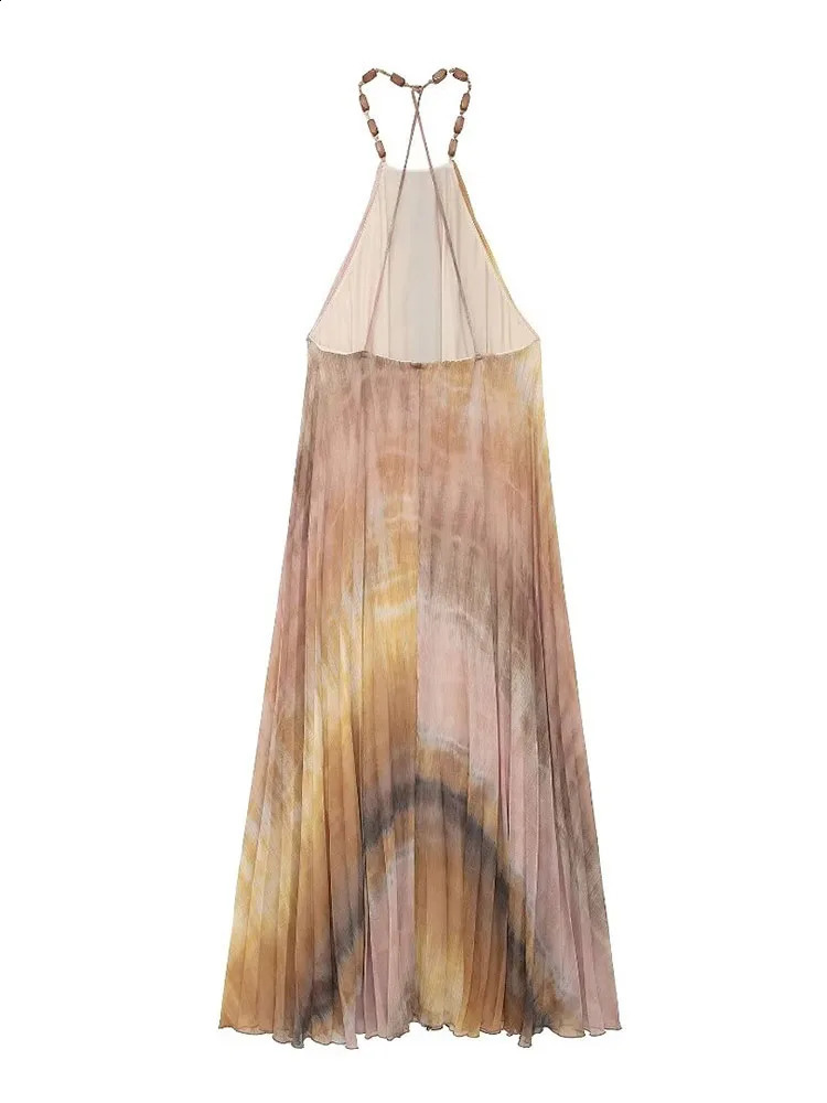 TRAF Tie Dyed Pleated Midi Dresses For Women Fashion Beading Halter Collar Dress Elegant Casual Sexy Thin Party 250305