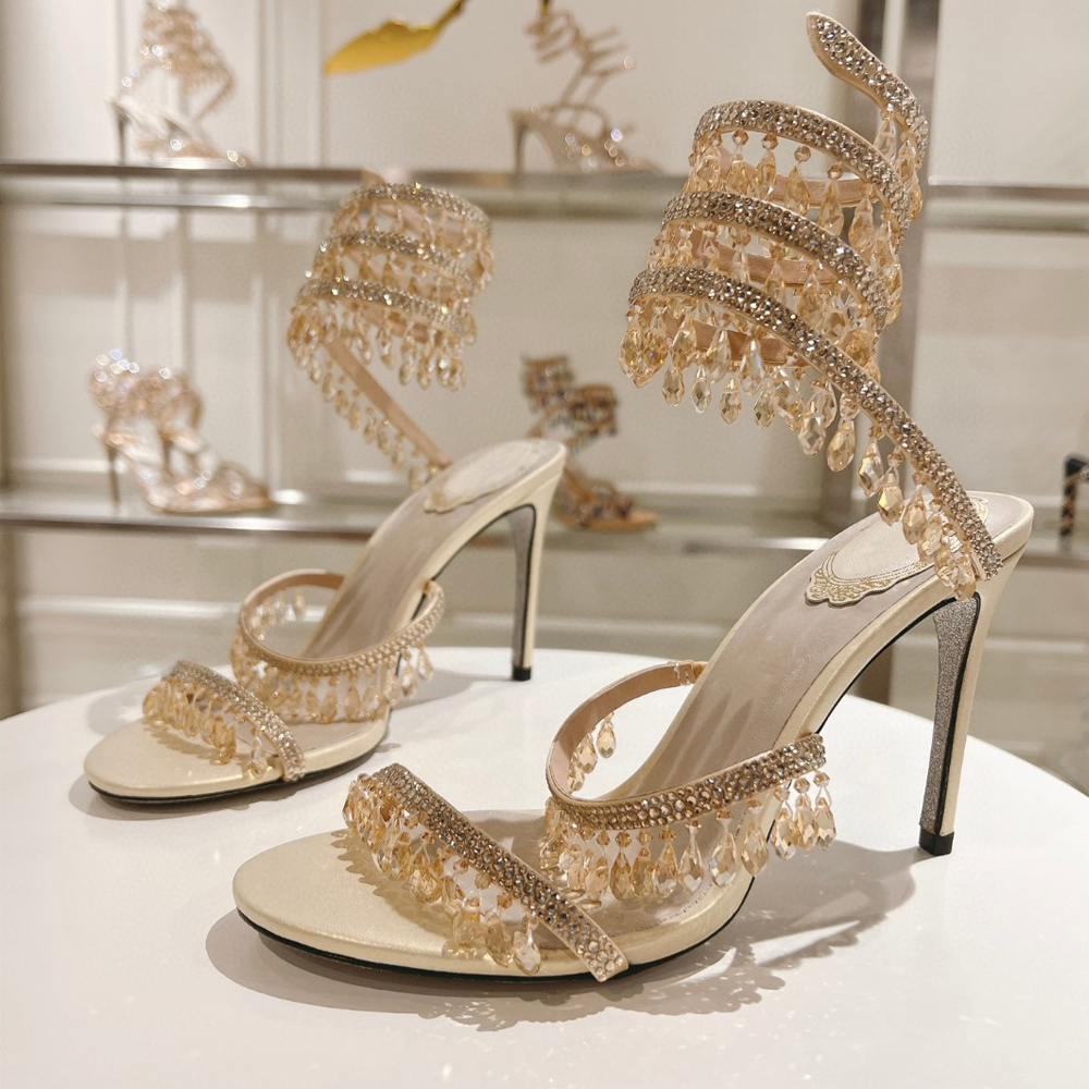 Chandelier Crystal Heels Sandal 95mm Women Designer High Heels luxury SIZE 34-43 Evening shoes Ankle Wraparound women rhinestone Women Party Shoes Ankle Wrap Straps