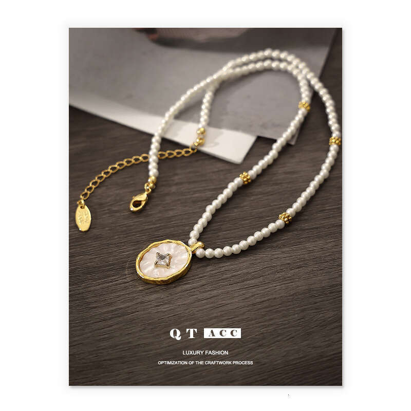 Brass Plated True Gold Instagram French Style Zircon Stone Imitation Pearl Natural Mother Shell Pendant Necklace Ornament for Women