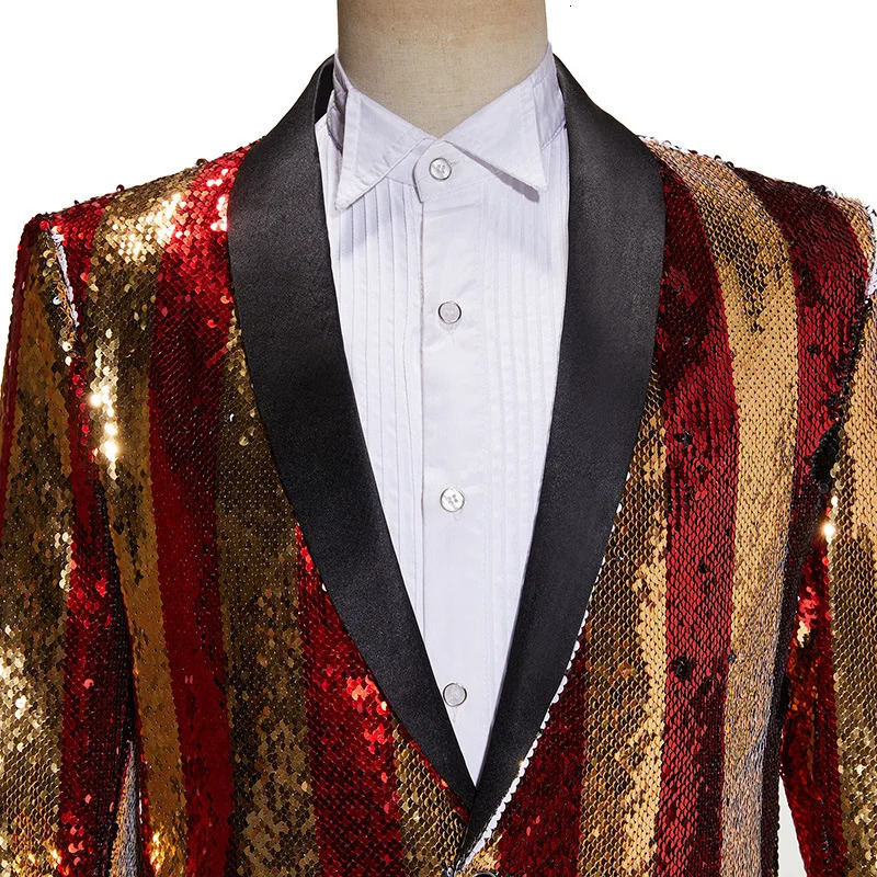 Mens Shining Sequin Stripes Suit Jackets Gold Red Shawl Collar Formal Blazer Male Singer Bar Concert Performance Tuxedo Costume 250304