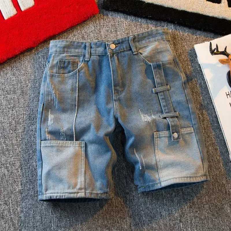 Mens Short Jeans Pants Cargo Baggy Patchwork Wide Male Denim Shorts Loose Trend 2024 Xl Korean Fashion Streetwear Cut SummerT250305