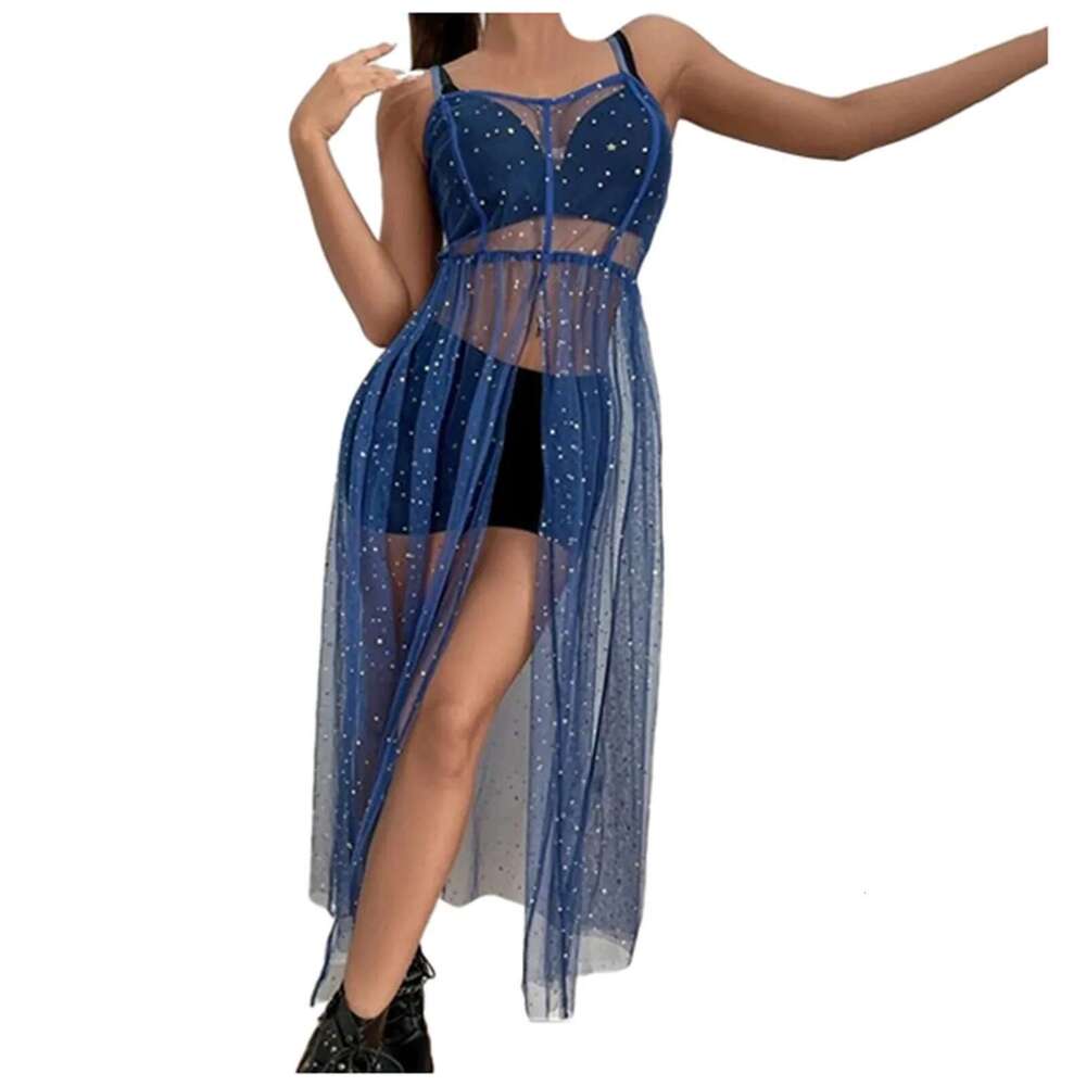 Mesh Sequin Sheer Smock For Women Sleeveless Split Midi Dress Holiday Beach Club Street Sexy Y2k Female Summer Dresses Km-Ly