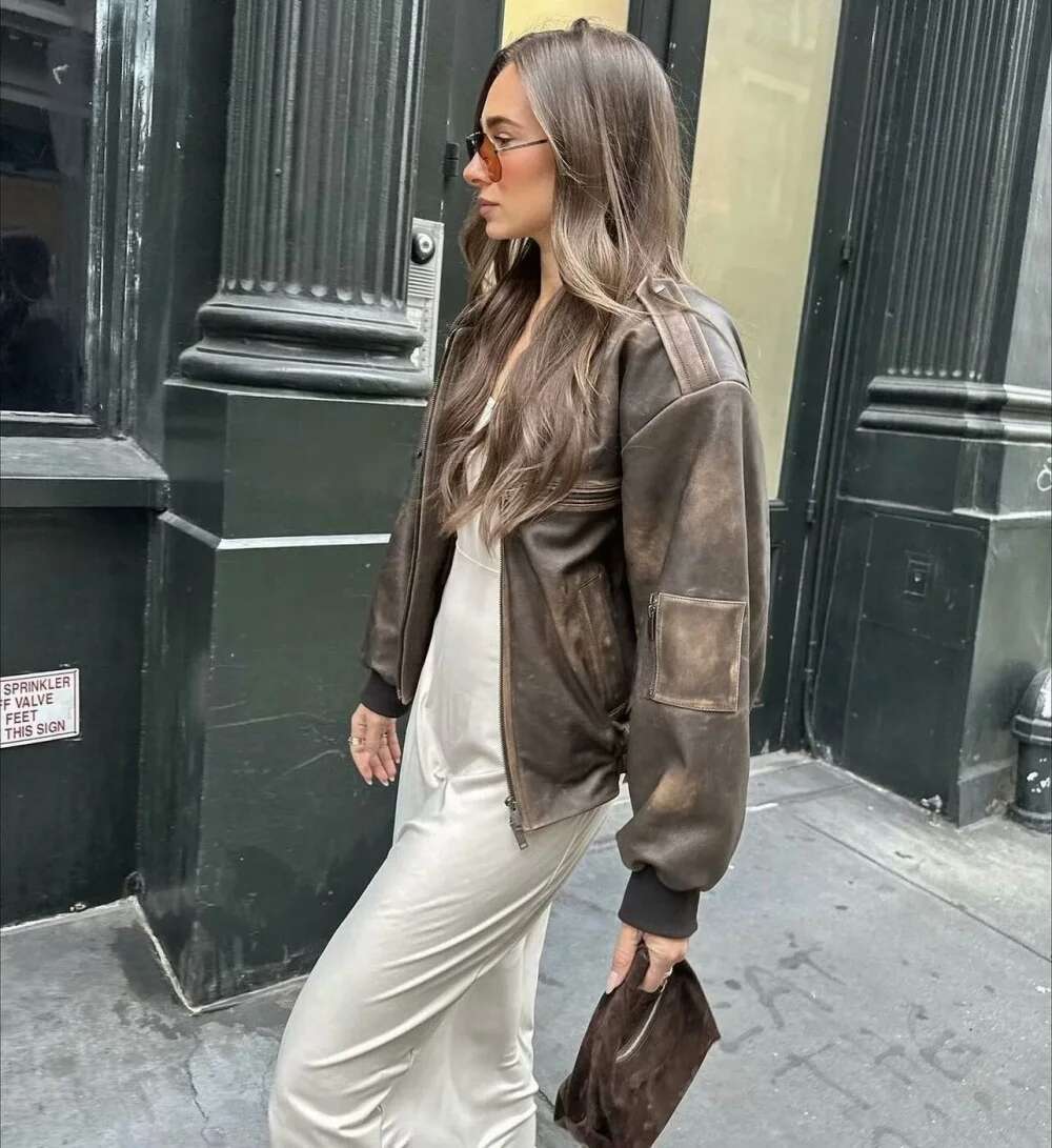 Women's Traf 2024 Y2k Vintage Do Old Zipper Epaulets Embellished With Brown Faux Leather Biker Jacket