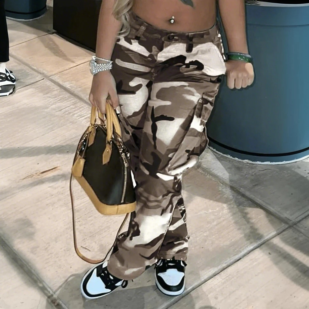 Women Vintage Pants High Waist Casual Y2K Camouflage Trousers Cargo Long Pant Female Camo Pants XS S M L XL 250304