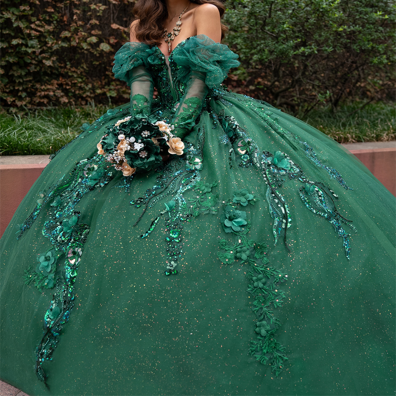 Blackish Green Shiny Quinceanera Dresses Ball Gown Off The Shoulder Applique Lace Beading Tull Party Birthday Sweet 16 Vestidos 15 De Anos