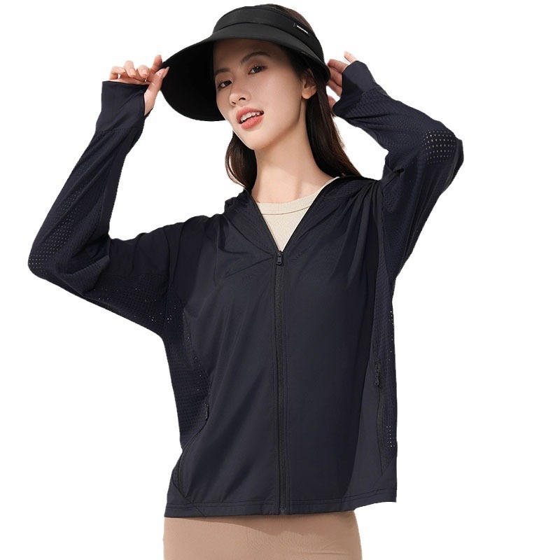 Sunscreen clothing for women in summer, breathable ice silk, sunscreen clothing, sun shading and UV protection, hooded cardigan jacket, sports outdoor