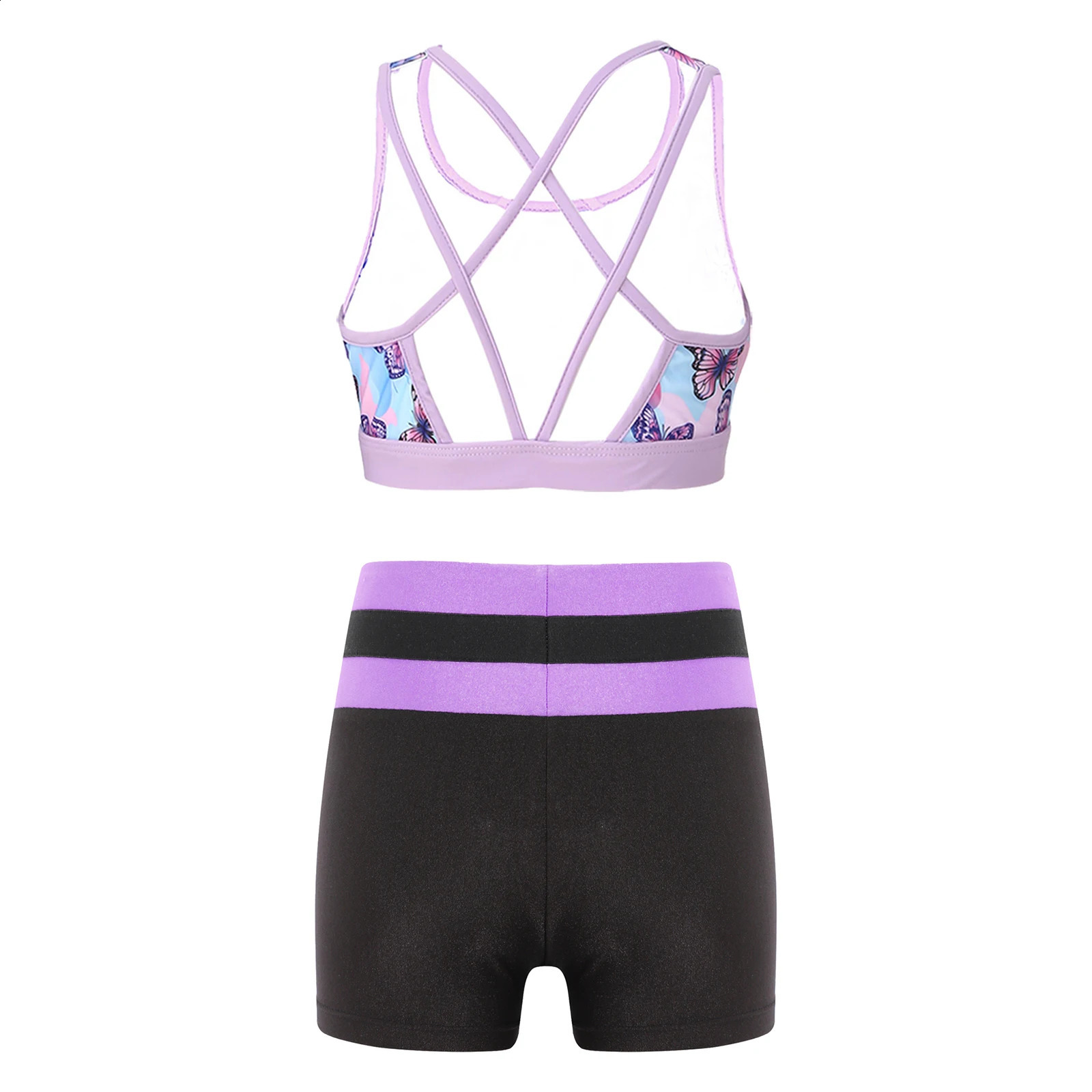 Kids Girls 2 Pieces Swimsuit Bikini Tankini Set Crop Tank Tops and Booty Shorts Dance Outfits Gymnastics Ballet Dance Costumes 250304