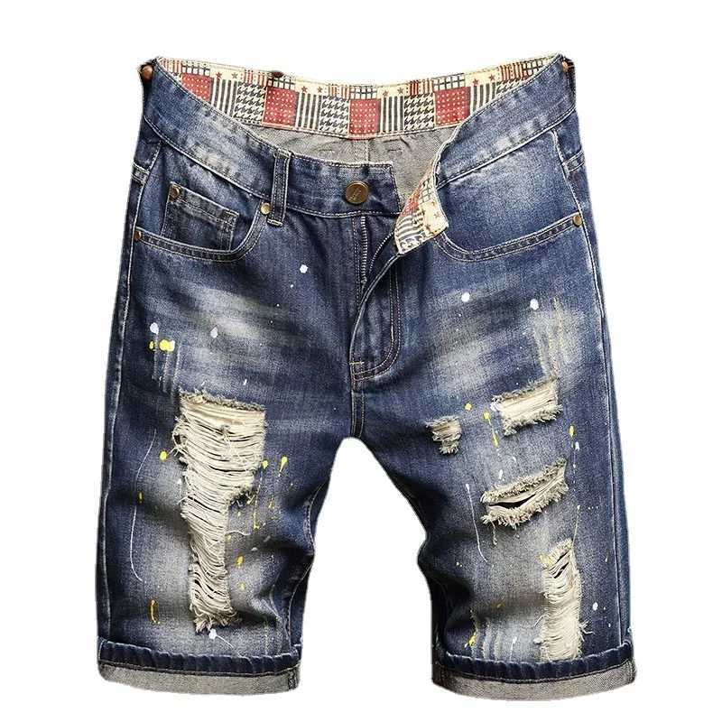 Summer Five Points Pants Denim Shorts Mens Fashion Scratch ripped Beggar Jeans Short Personality PaintT250305